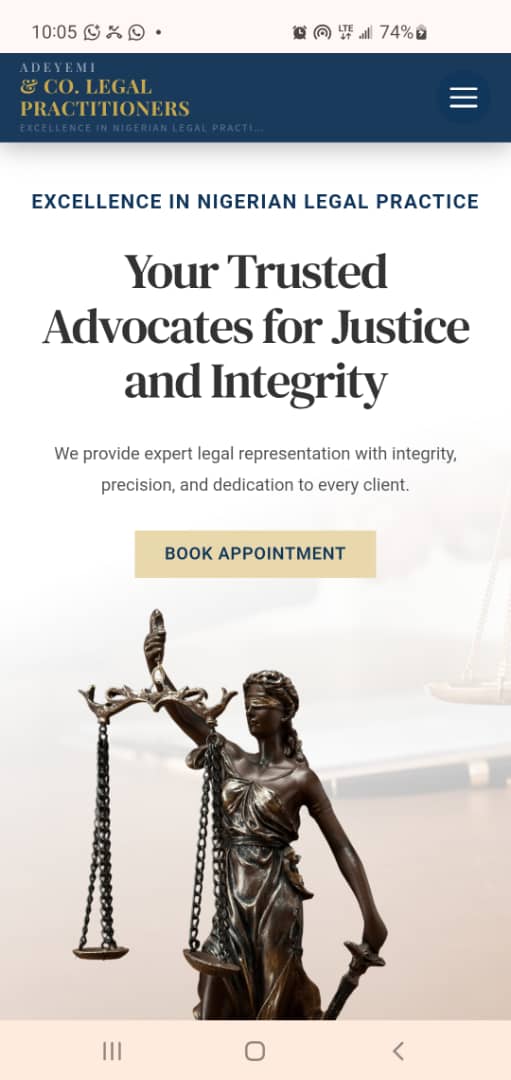 Screenshot of a Nigerian law firm website showing Adeyemi & Co. Legal Practitioners with Lady Justice image