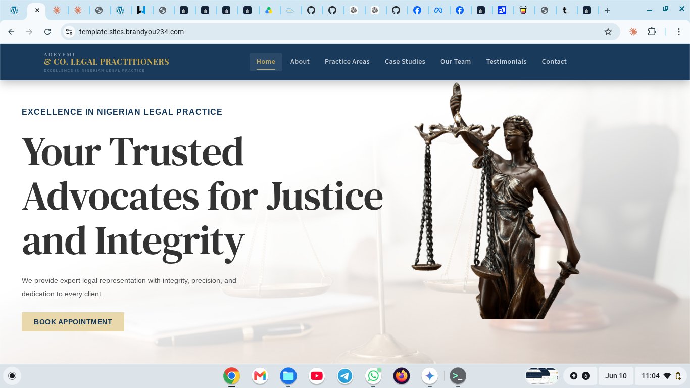 Adeyemi & Co. Legal Practitioners website showing the real BrandYou234 template with Lady Justice image and professional navigation
