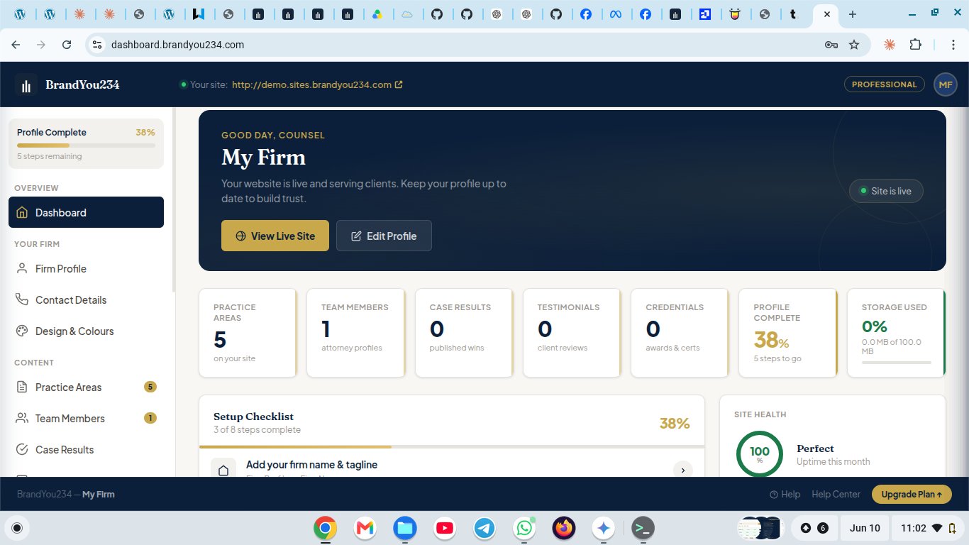 BrandYou234 lawyer dashboard showing My Firm profile, practice areas, team members, setup checklist and site health