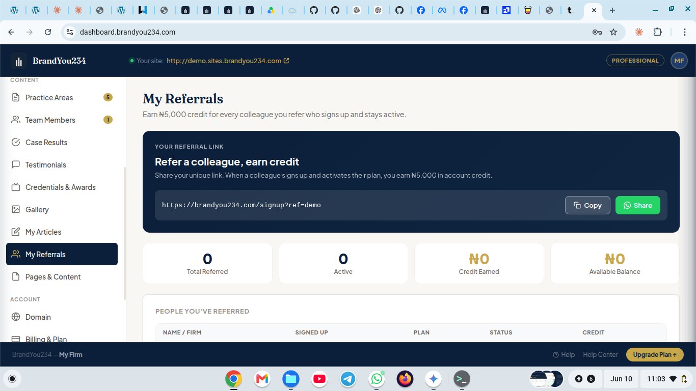 BrandYou234 My Referrals dashboard showing referral link, Copy and WhatsApp Share buttons, and referral stats